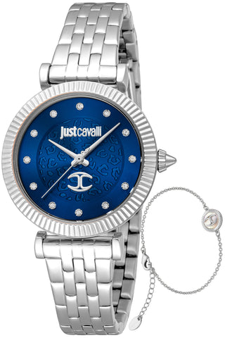 Front view of Just Cavalli SET JC1L266 Unleashed JC1L266M0015 Blue Dial Grey Stainless Steel Womens Watch on white background