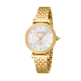 Angle shot of Just Cavalli SET JC1L266 Unleashed JC1L266M0025 Grey Dial Gold Stainless Steel Womens Watch on white background