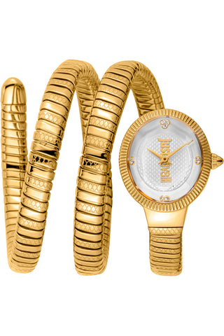 Front view of Just Cavalli Signature Snake JC1L269 After Party JC1L269M0025 Grey Dial Gold Stainless Steel Womens Watch on white background