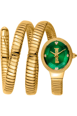 Front view of Just Cavalli Signature Snake JC1L269 After Party JC1L269M0035 Green Dial Gold Stainless Steel Womens Watch on white background