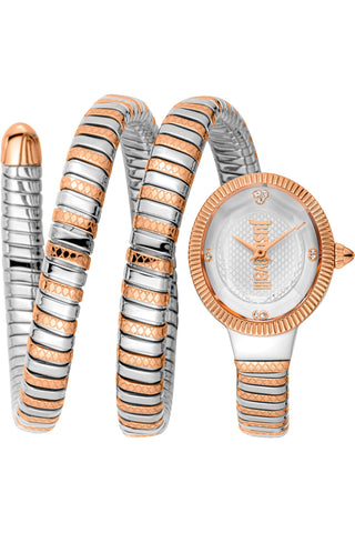 Front view of Just Cavalli Signature Snake JC1L269 After Party JC1L269M0065 Grey Stainless Steel Womens Watch on white background