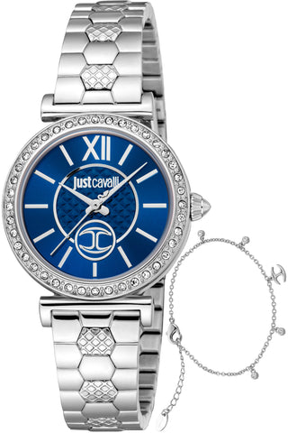 Front view of Just Cavalli SET JC1L273 Varenna JC1L273M0045 Blue Dial Grey Stainless Steel Womens Watch on white background