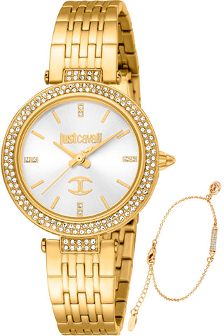 Front view of Just Cavalli SET JC1L274 Savoca JC1L274M0055 Grey Dial Gold Stainless Steel Womens Watch on white background