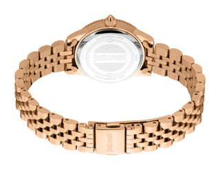 Angle shot of Just Cavalli Animalier JC1L275 Neive JC1L275M0065 Grey Dial Rose Gold Stainless Steel Womens Watch on white background