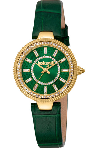 Front view of Just Cavalli Glam Chic JC1L308 Ostentatious JC1L308L0025 Green Leather Womens Watch on white background