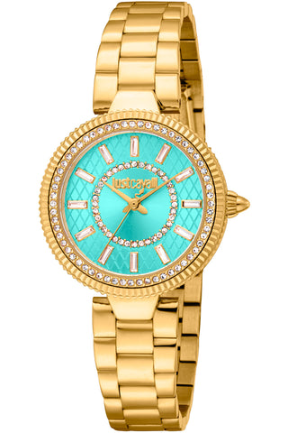 Front view of Just Cavalli Glam Chic JC1L308 Ostentatious JC1L308M0055 Gold Stainless Steel Womens Watch on white background