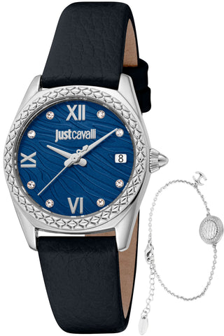 Front view of Just Cavalli SET JC1L312 Indomitable Animalier JC1L312L0015 Blue Dial Black Leather Womens Watch on white background