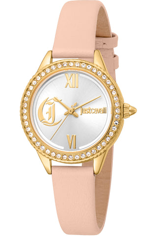 Front view of Just Cavalli Glam Chic JC1L316 Forward JC1L316L0025 Grey Dial Beige Leather Womens Watch on white background