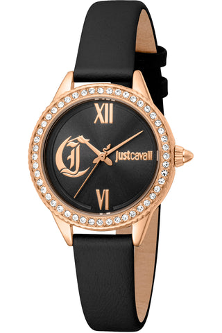 Front view of Just Cavalli Glam Chic JC1L316 Forward JC1L316L0035 Black Leather Womens Watch on white background