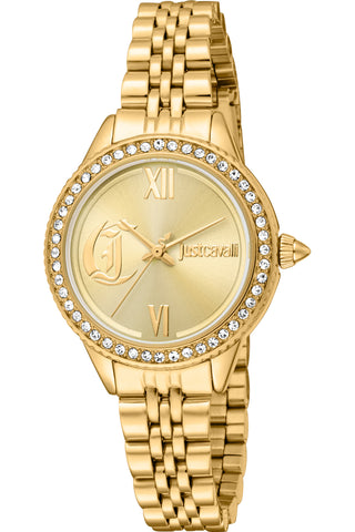 Front view of Just Cavalli Glam Chic JC1L316 Forward JC1L316M0055 Gold Stainless Steel Womens Watch on white background