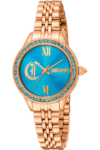 Front view of Just Cavalli Glam Chic JC1L316 Forward JC1L316M0085 Blue Dial Rose Gold Stainless Steel Womens Watch on white background