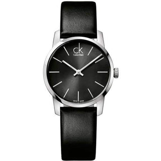 Front view of Calvin Klein City K2G23107 Black Leather Womens Watch on white background