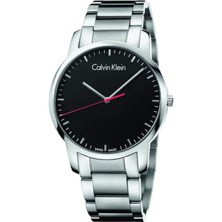 Front view of Calvin Klein City K2G2G141 Black Dial Silver Strap Mens Watch on white background