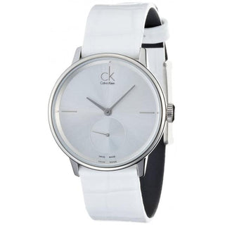 Front view of Calvin Klein Accent K2Y231K6 White Leather Womens Watch on white background