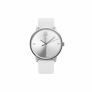 Front view of Calvin Klein Accent K2Y2X1KW Silver Dial White Leather Mens Watch on white background