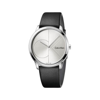 Front view of Calvin Klein Minimal K3M211CY Silver Dial Black Leather Mens Watch on white background