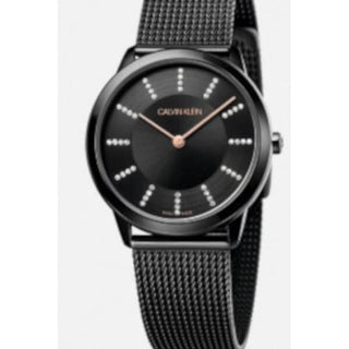 Front view of Calvin Klein Minimal Diamonds K3M22X2X Black Dial Stainless Steel Womens Watch on white background