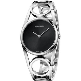 Front view of Calvin Klein Round K5U2S141 Black Dial Grey Stainless Steel Womens Watch on white background