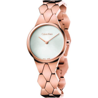 Front view of Calvin Klein Snake K6E23646 Grey Dial Rose Gold Stainless Steel Womens Watch on white background