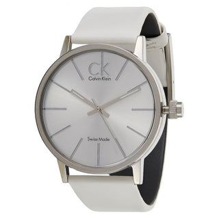 Front view of Calvin Klein Post Minimal K7621126 Silver Dial Beige Leather Mens Watch on white background