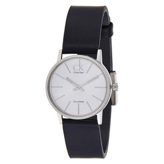 Front view of Calvin Klein Post Minimal K7622185 Silver Dial Black Leather Mens Watch on white background