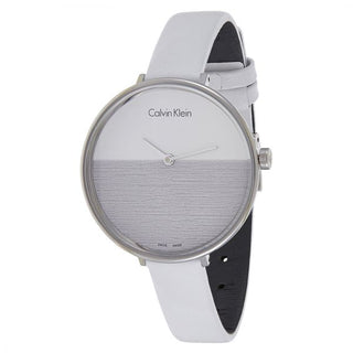 Front view of Calvin Klein Rise K7A231L6 Silver Dial White Leather Womens Watch on white background