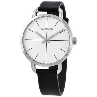 Front view of Calvin Klein Evan Chronograph K7B231CY White Dial Black Leather Womens Watch on white background