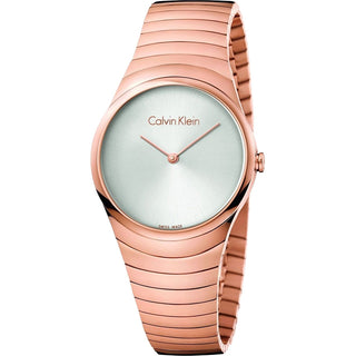 Front view of Calvin Klein Whirl K8A23646 Grey Dial Rose Gold Stainless Steel Womens Watch on white background