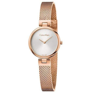 Front view of Calvin Klein Authentic K8G23626 Silver Dial Rose Gold Stainless Steel Womens Watch on white background