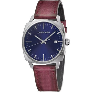 Front view of Calvin Klein Fraternity K9N111ZN Blue Dial Leather Unisex Watch on white background