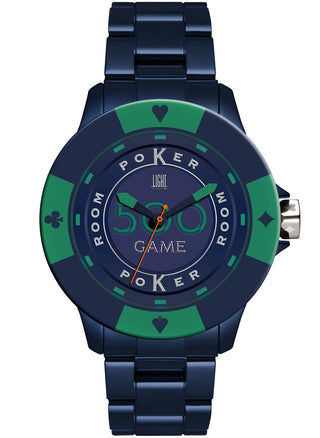 Front view of Light Time Poker Blue / Green L147L Mens Watch on white background