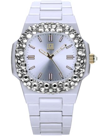 Front view of Light Time Velvet Nautilus White Clear Strass L512-BI-1 Womens Watch on white background