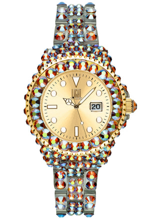 Front view of Light Time Mediterraneo Full Strass / Gold L603O Womens Watch on white background