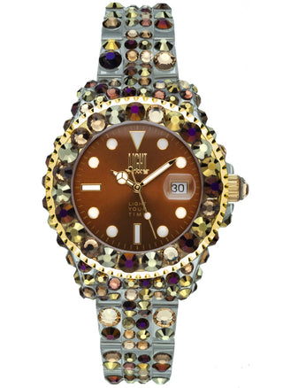 Front view of Light Time Mediterraneo Full Strass / Brown L603Z Womens Watch on white background