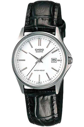 Front view of Casio Collection LTP-1183E-7A White Dial Black Leather Womens Watch on white background