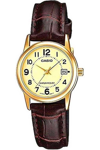 Front view of Casio Collection LTP-V002GL-9B Brown Leather Womens Watch on white background