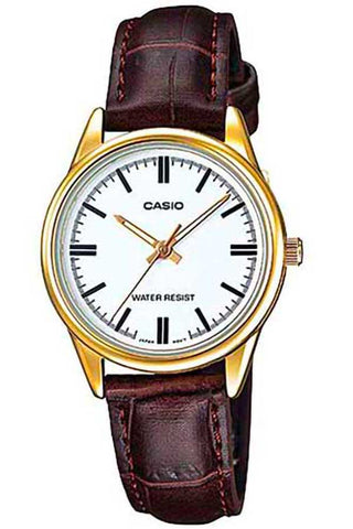 Front view of Casio Collection LTP-V005GL-7A White Dial Brown Leather Womens Watch on white background