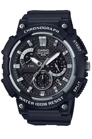 Front view of Casio Collection Chronograph MCW-200H-1A Black Resin Mens Watch on white background