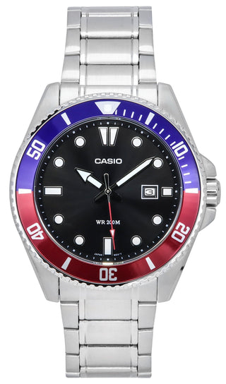 Front view of Casio Collection MDV-107D-1A3 Black Dial Grey Stainless Steel Mens Watch on white background