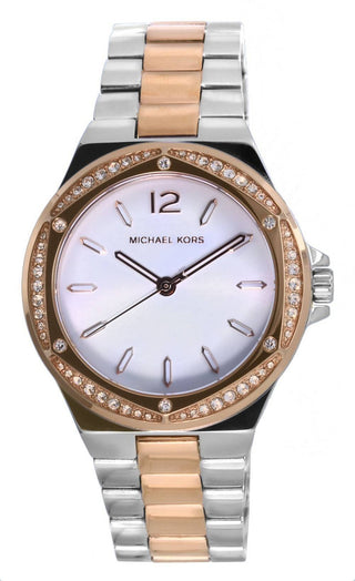 Front view of Michael Kors Lennox MK6989 Steel Stainless Steel Womens Watch on white background