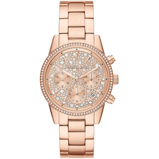 Front view of Michael Kors Ritz Chronograph MK7302 Rose Gold Stainless Steel Womens Watch on white background