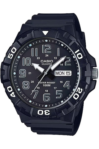 Front view of Casio Collection MRW-210H-1A Black Resin Mens Watch on white background