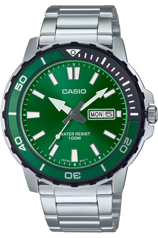 Front view of Casio Collection MTD-125D-3A Green Dial Grey Stainless Steel Mens Watch on white background