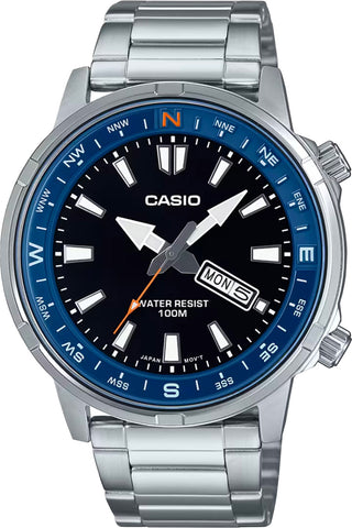 Front view of Casio Collection MTD-130D-1A2 Black Dial Grey Stainless Steel Mens Watch on white background