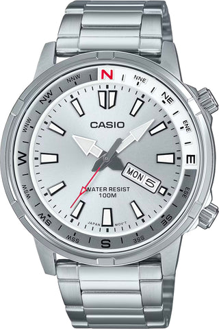 Front view of Casio Collection MTD-130D-7A Grey Stainless Steel Mens Watch on white background