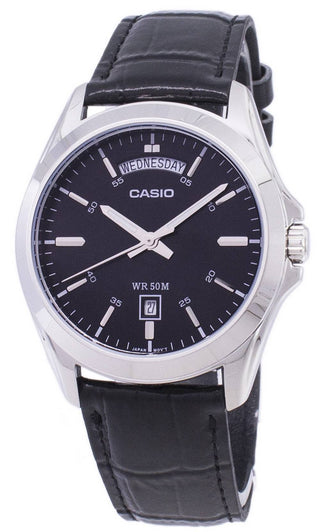 Front view of Casio Day Date Black Leather Black MTP-1370L-1AVDF Leather Mens Watch on white background