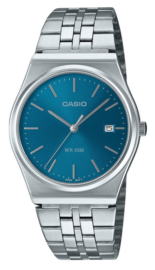 Front view of Casio Collection MTP-B145D-2A2 Blue Dial Grey Stainless Steel Mens Watch on white background