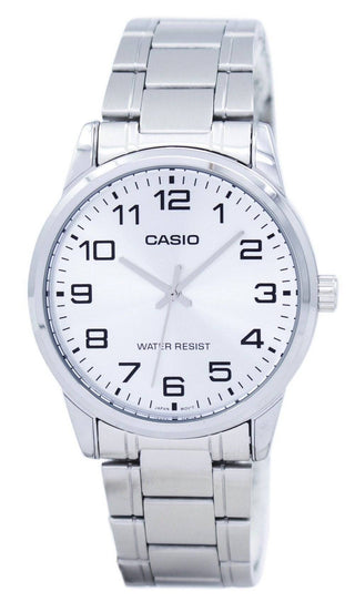 Front view of Casio Collection MTP-V001D-7B White Dial Grey Stainless Steel Mens Watch on white background