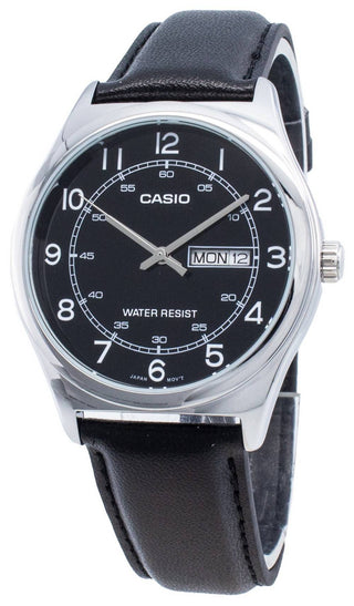 Front view of Casio Collection MTP-V006L-1B2 Black Leather Mens Watch on white background