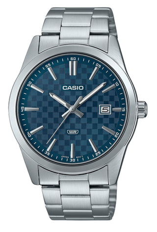 Front view of Casio Collection MTP-VD03D-2A2 Blue Dial Grey Stainless Steel Mens Watch on white background